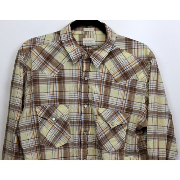 American Eagle Vtg Slim Fit Mens Sz L Plaid Collared Pearl Snap Western Shirt - Picture 2 of 10